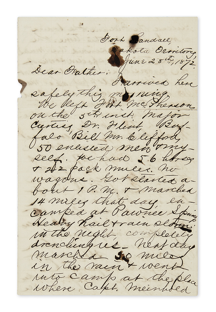 (WEST.) Steever, Edgar Z. Small archive of his letters as a lieutenant in the Indian Wars with Buffalo Bill.